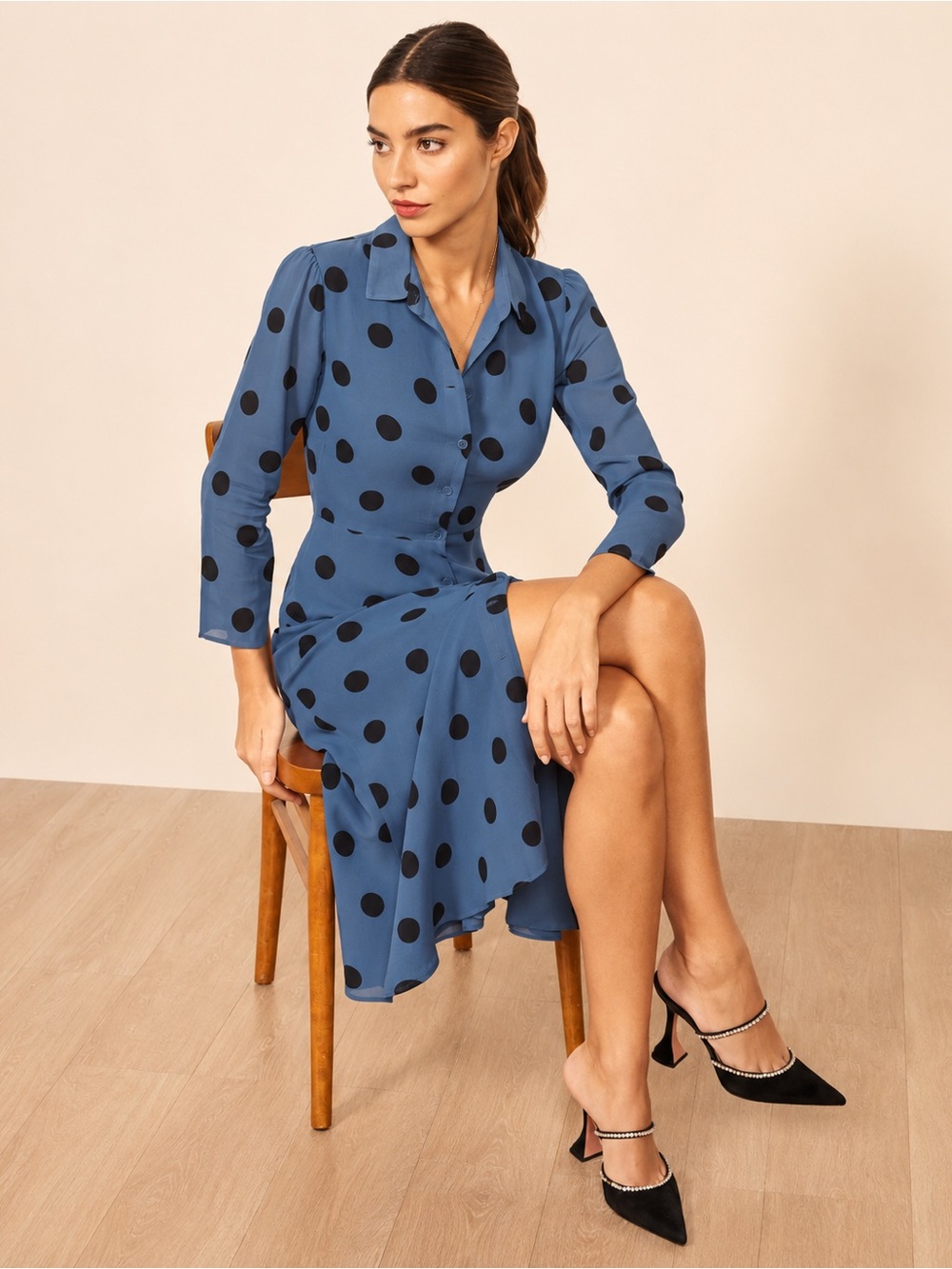 Reformation Arcadia blue polka dot midi shirt dress size 10 retro pinup 50s trad - Picture 10 of 10